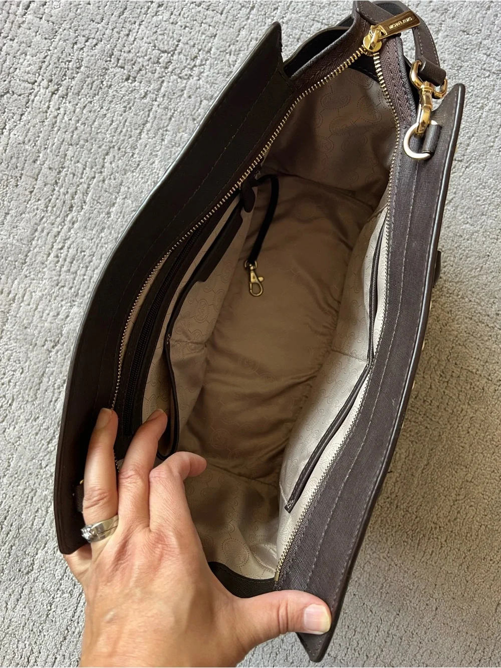 Michael Kors Dark Brown Saffiano Studded Tote with Gold Hardware